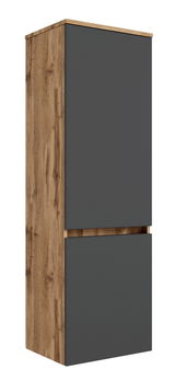 Moderner Midischrank mit Holzoptik und grauen Fronten, seitliche Perspektive