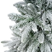 Nahaufnahme von schneebedeckten Tannenzweigen aus der Perspektive von oben.