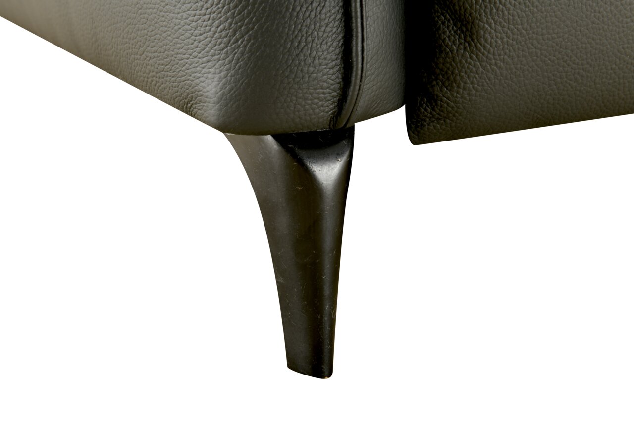 Nahaufnahme eines schwarzen Sofafußes aus Metall mit Lederbezug im Hintergrund, seitliche Perspektive