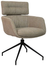 Moderner Armlehnstuhl mit gepolstertem Sitz und Rückenlehne, auf schwarzem Metallgestell, seitliche Perspektive