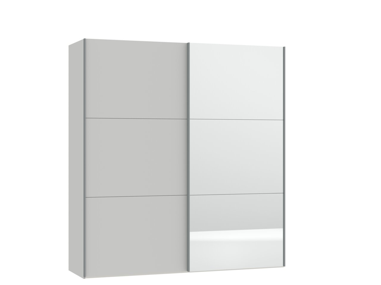 Moderner Schwebetürenschrank mit zwei Türen, teilweise mit Spiegel, in seitlicher Perspektive.