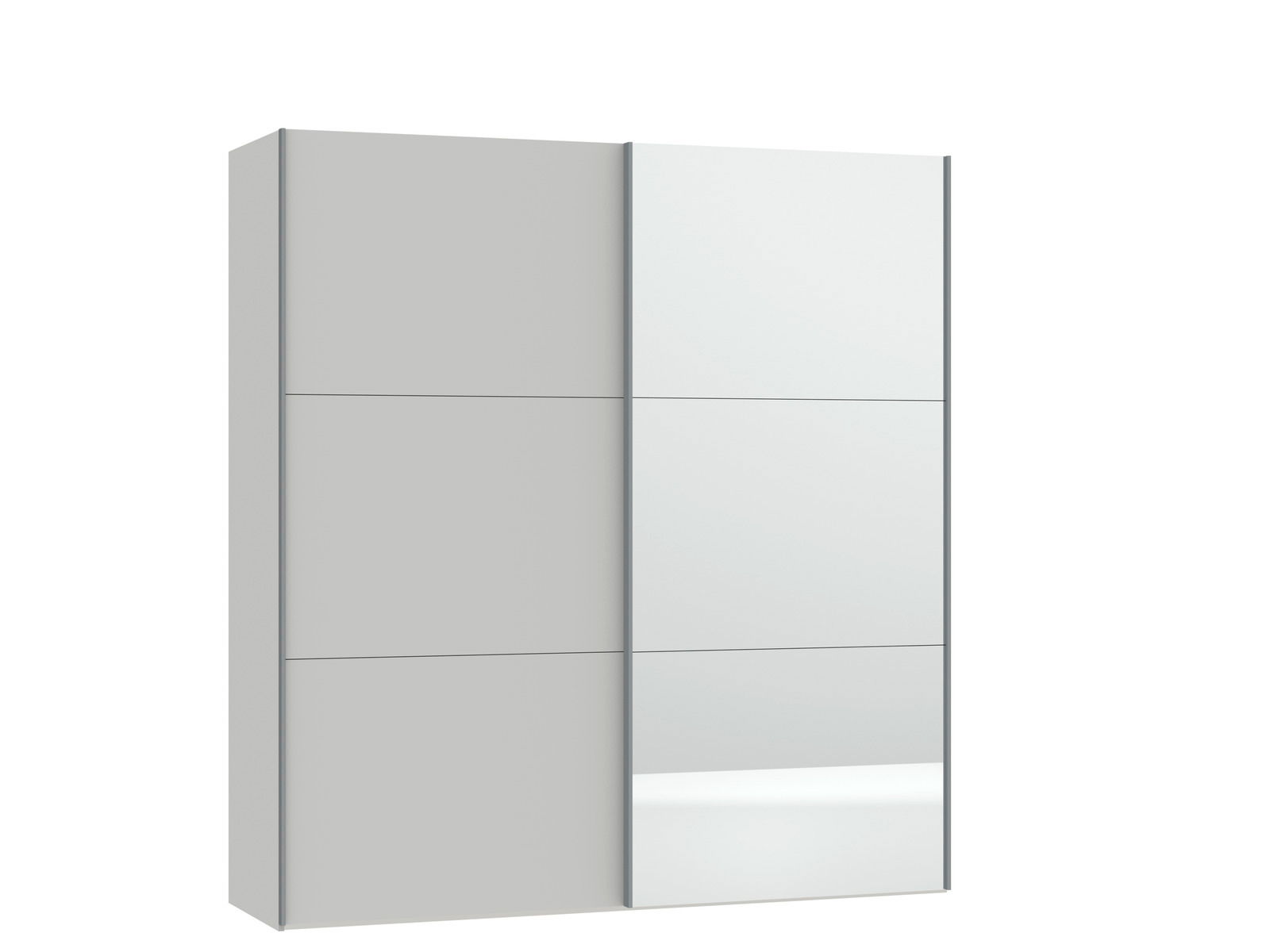 Moderner Schwebetürenschrank mit zwei Türen, teilweise mit Spiegel, in seitlicher Perspektive.