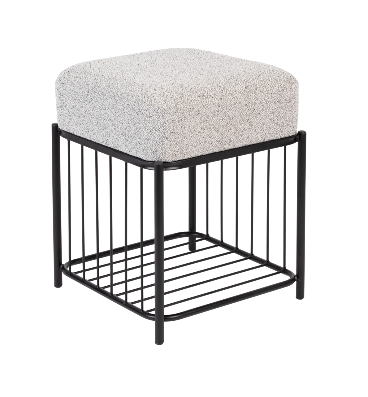 Moderner Hocker mit schwarzem Metallgestell und grauem Polster, seitliche Perspektive