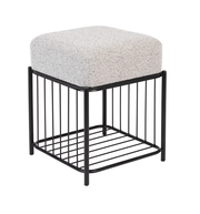 Moderner Hocker mit schwarzem Metallgestell und grauem Polster, seitliche Perspektive