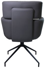 Rückansicht eines modernen Armlehnstuhls mit schwarzem Metallgestell und gepolsterter Rückenlehne.