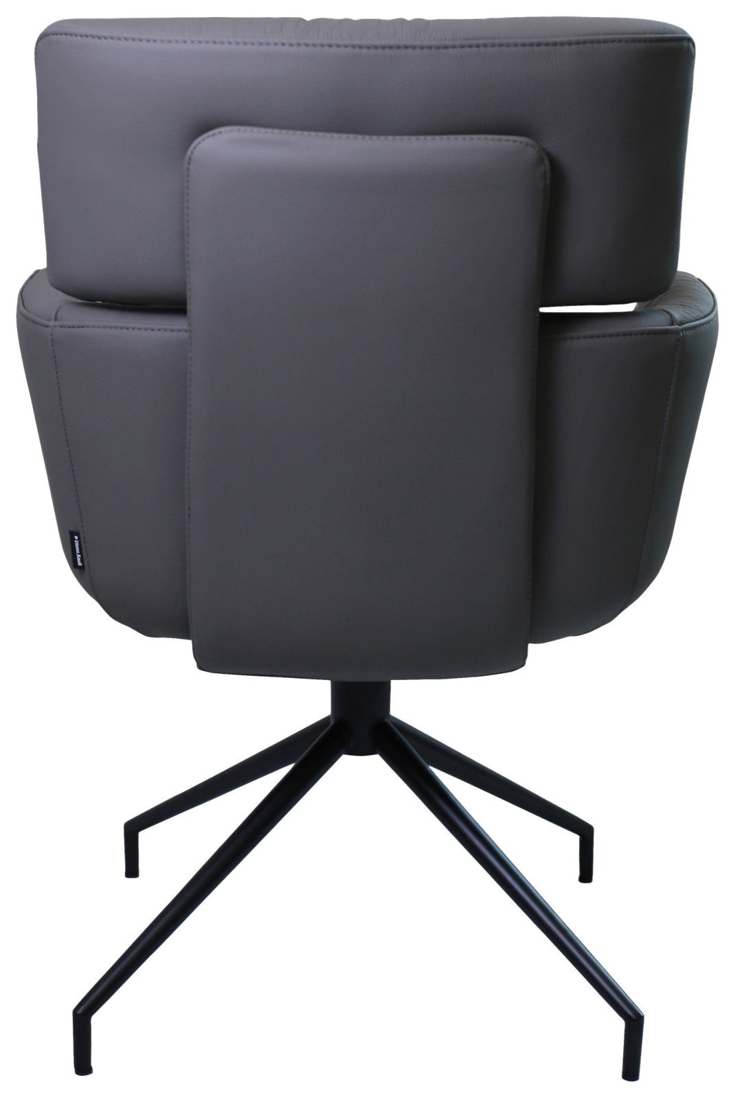 Rückansicht eines modernen Armlehnstuhls mit schwarzem Metallgestell und gepolsterter Rückenlehne.