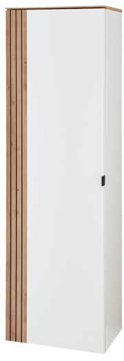 Moderner Garderoben-Hängeschrank in Weiß mit Holzdetails, Frontalansicht