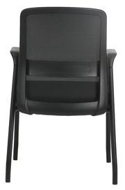 Rückansicht eines schwarzen Besucherstuhls mit Netzrückenlehne und Armlehnen.