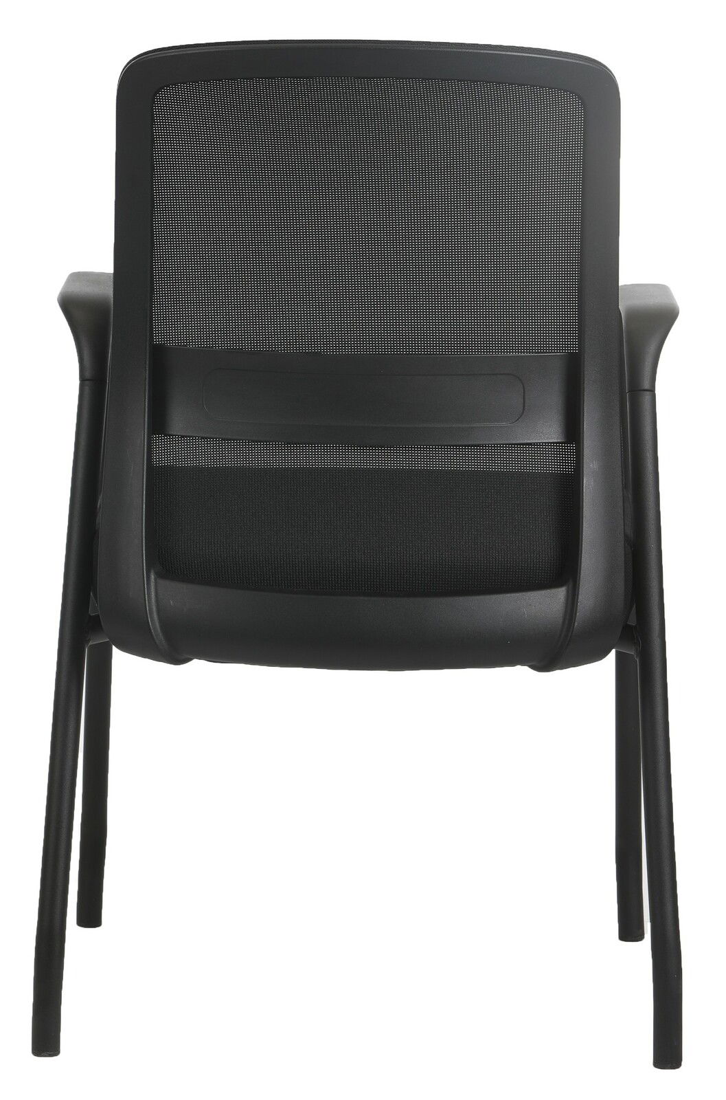 Rückansicht eines schwarzen Besucherstuhls mit Netzrückenlehne und Armlehnen.