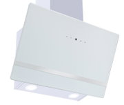 Schräg von oben fotografierte, weiße Dunstabzugshaube mit Glasfront, Touch-Bedienfeld und zwei integrierten LED-Leuchten an der Unterseite.