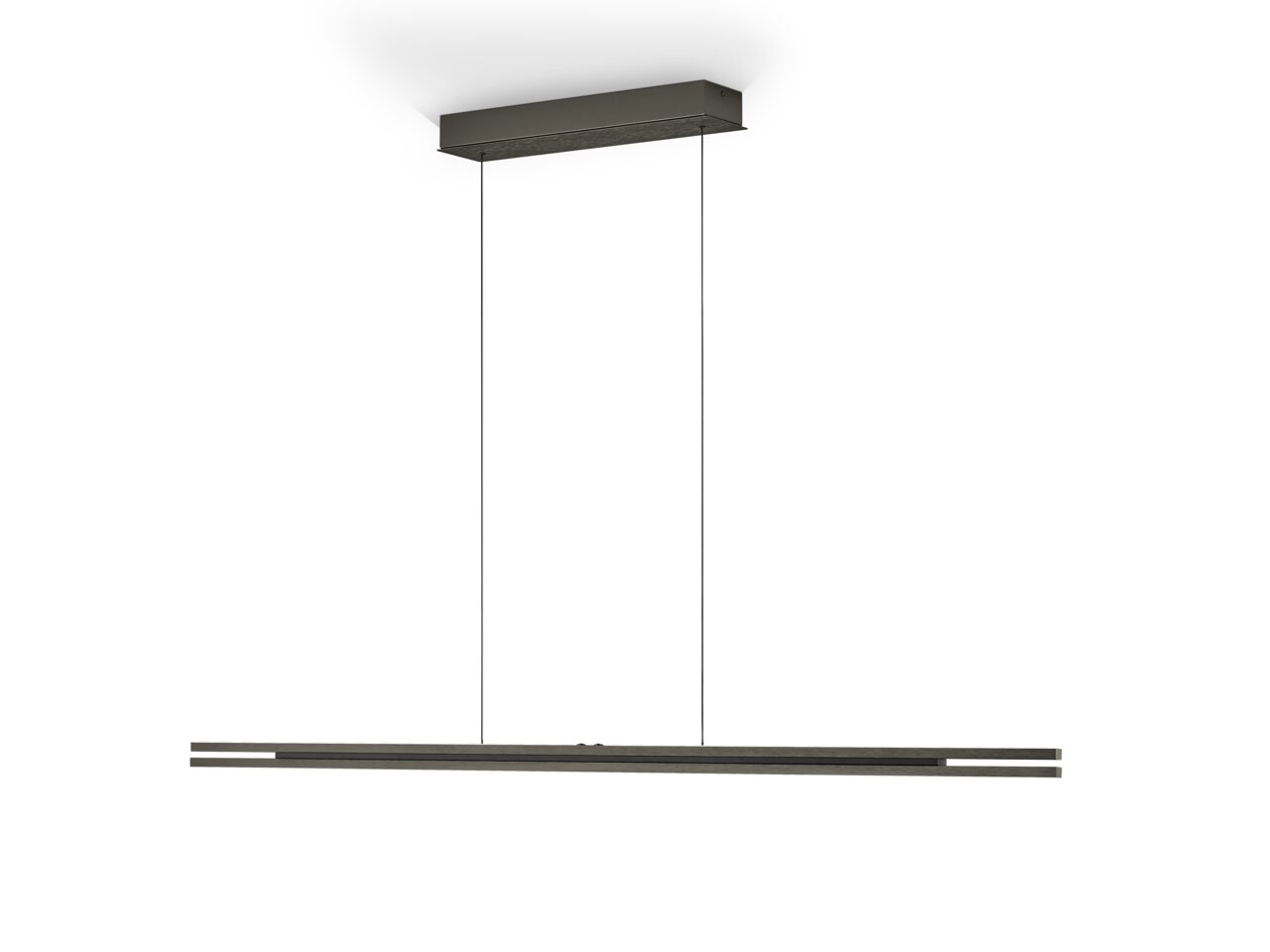 Moderne LED-Pendelleuchte BEN in rechteckiger Form, hängend von der Decke, seitliche Perspektive.