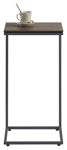 Moderner Beistelltisch mit Metallrahmen und Holzplatte, frontal abgebildet, mit einer Tasse und Keksen darauf.