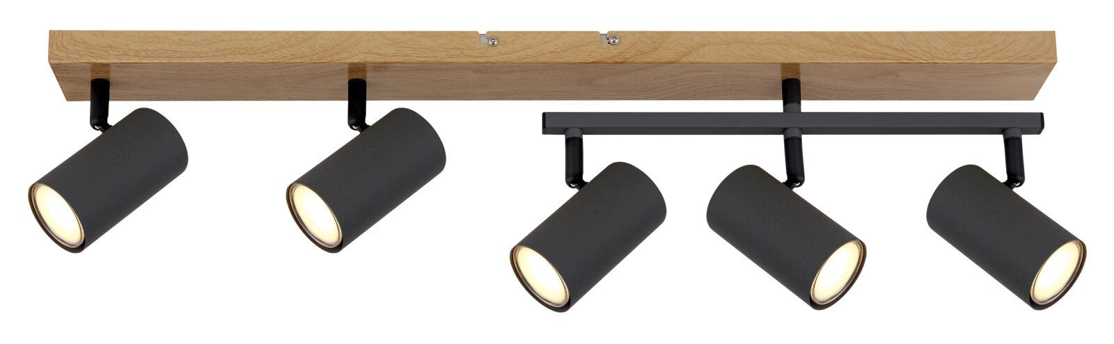 Deckenstrahler mit vier schwarzen zylindrischen Leuchten an einer Holzleiste, seitliche Perspektive