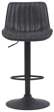 Schwarzer Barhocker mit gepolsterter Rückenlehne und Sitzfläche, höhenverstellbar, mit Fußstütze, Frontalansicht