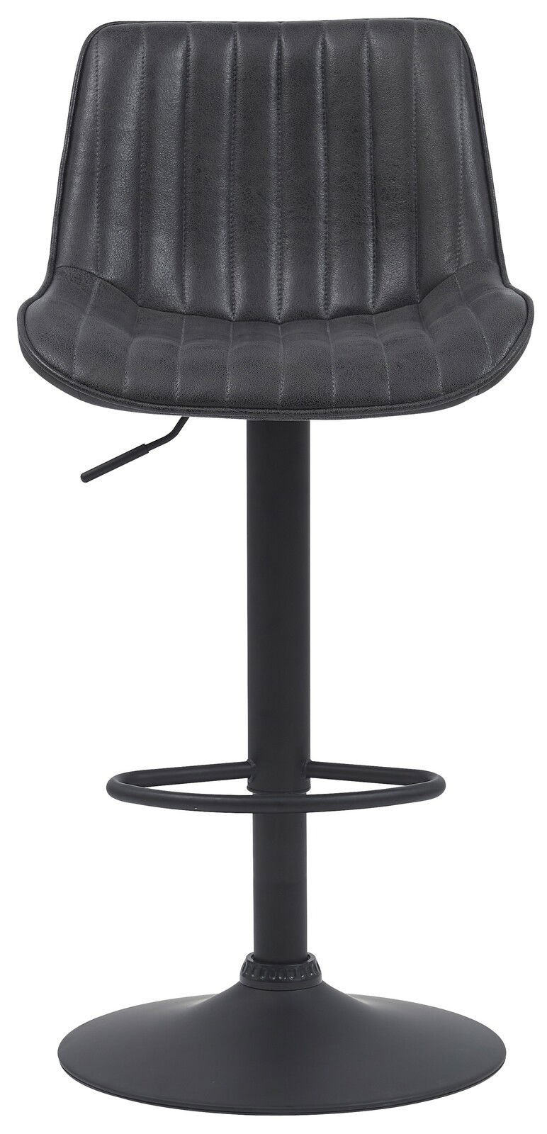 Schwarzer Barhocker mit gepolsterter Rückenlehne und Sitzfläche, höhenverstellbar, mit Fußstütze, Frontalansicht