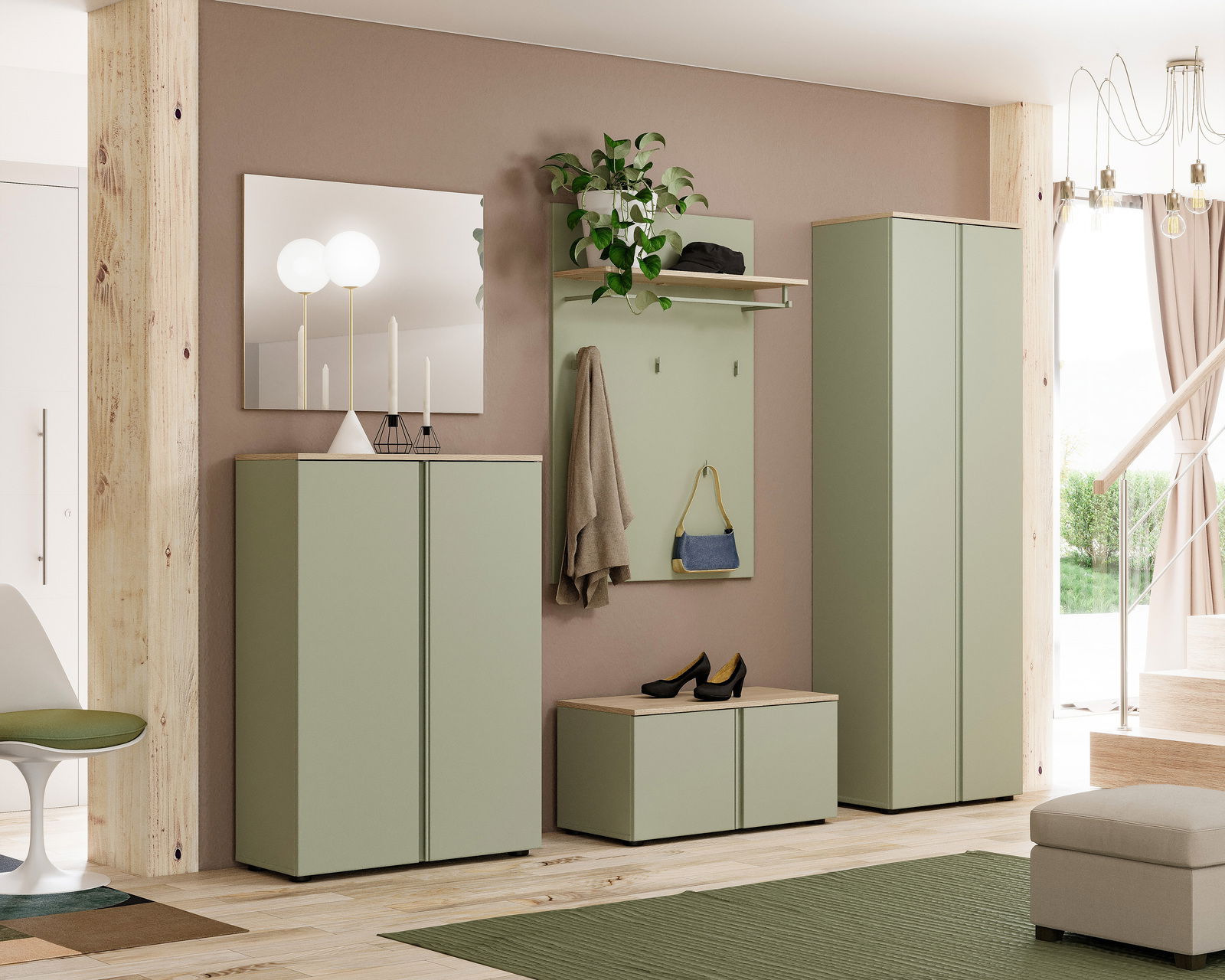 Moderner Schuhschrank in einem stilvollen Flur, mit grünen Türen und Holzdetails, aus der Frontalperspektive betrachtet.