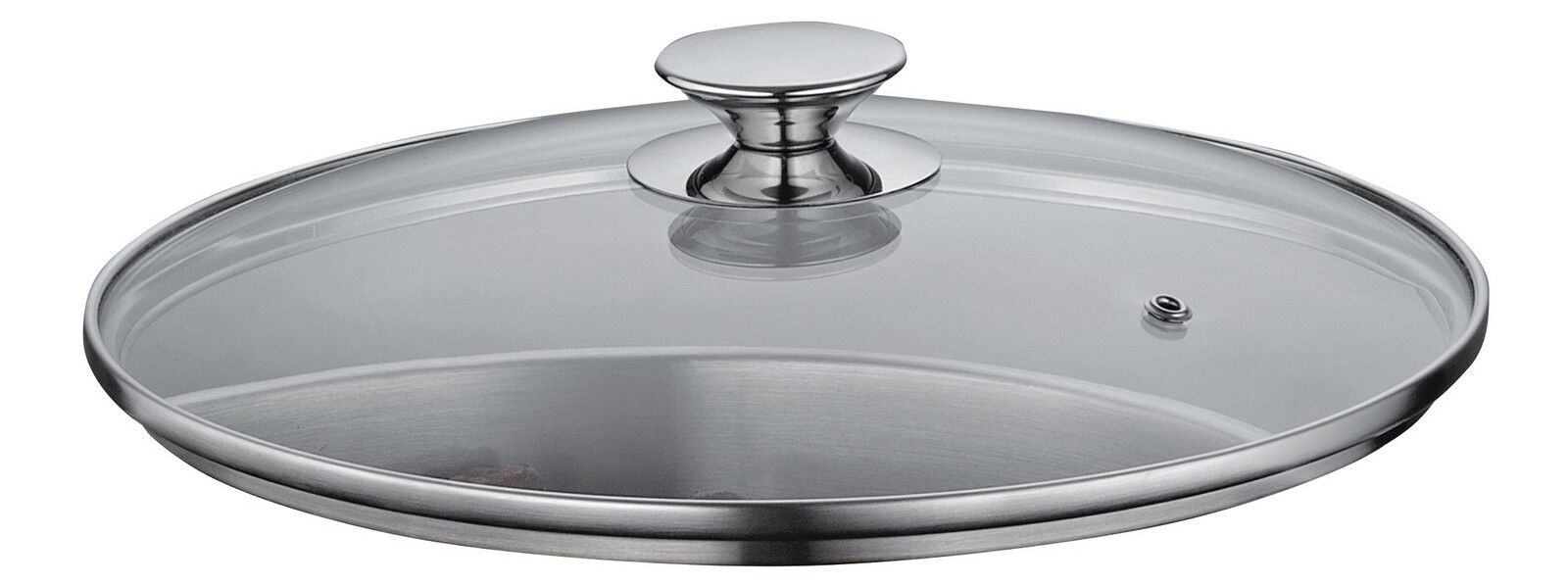 Glasdeckel mit Edelstahlrand und Griff, seitliche Perspektive