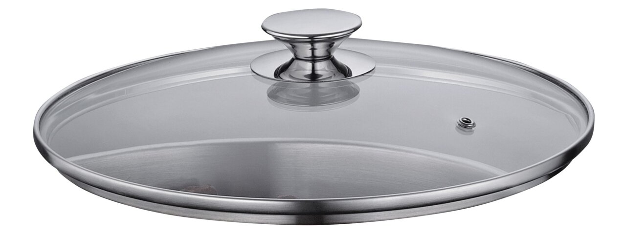 Glasdeckel mit Edelstahlrand und Griff, seitliche Perspektive