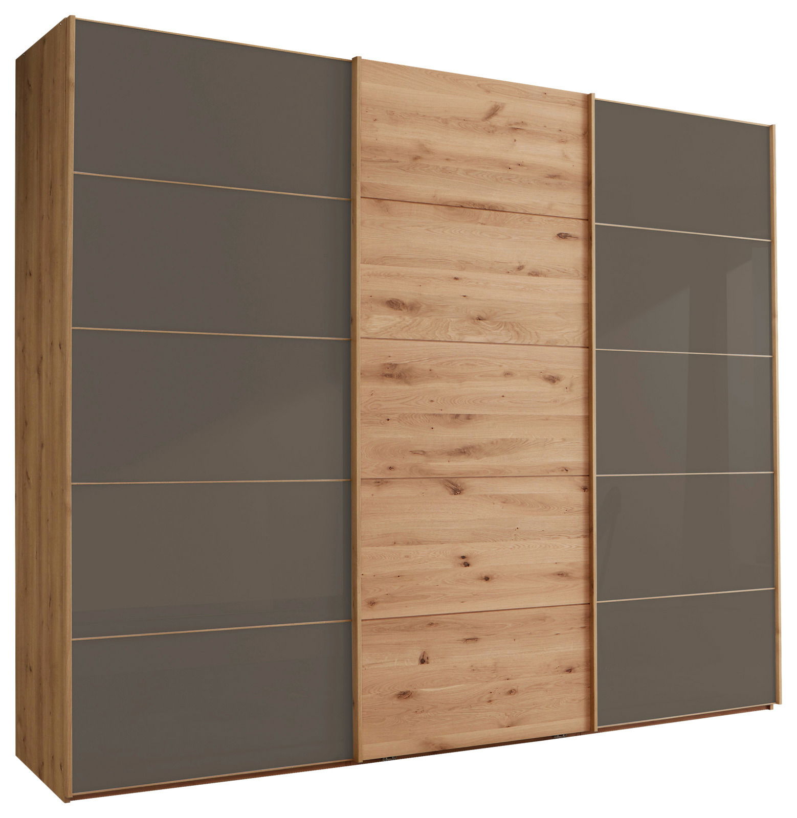 Moderner dreitüriger Schwebetürenschrank mit Holz- und Glaselementen, Frontalansicht