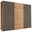 Moderner dreitüriger Schwebetürenschrank mit Holz- und Glaselementen, Frontalansicht