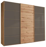 Moderner dreitüriger Schwebetürenschrank mit Holz- und Glaselementen, Frontalansicht