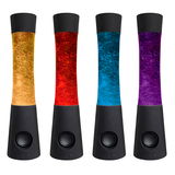 Vier LED-Dekoleuchten in verschiedenen Farben (Gelb, Rot, Blau, Lila) aus der Frontalperspektive.