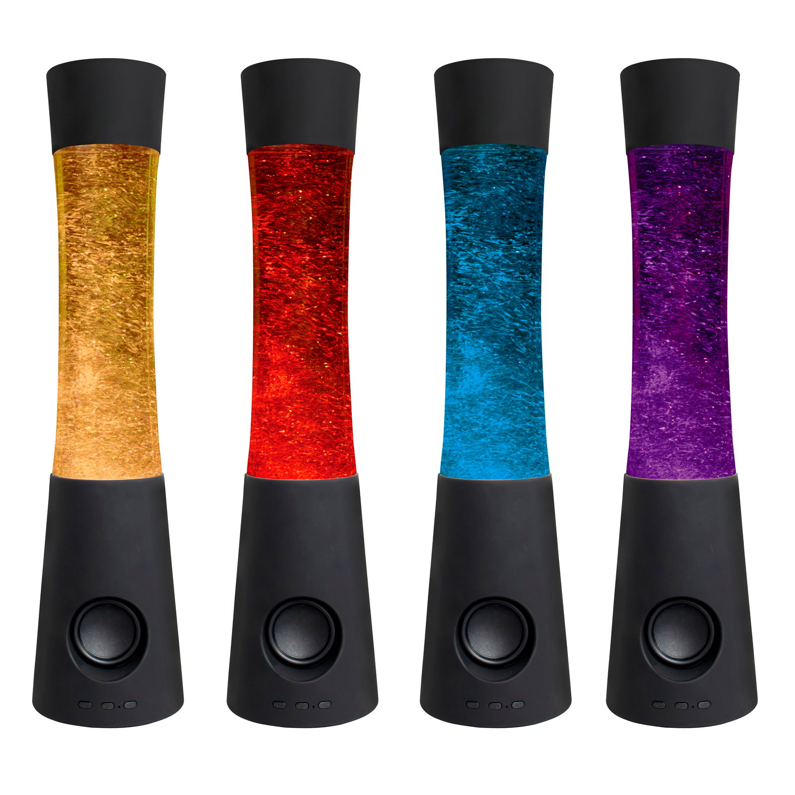 Vier LED-Dekoleuchten in verschiedenen Farben (Gelb, Rot, Blau, Lila) aus der Frontalperspektive.