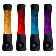 Vier LED-Dekoleuchten in verschiedenen Farben (Gelb, Rot, Blau, Lila) aus der Frontalperspektive.