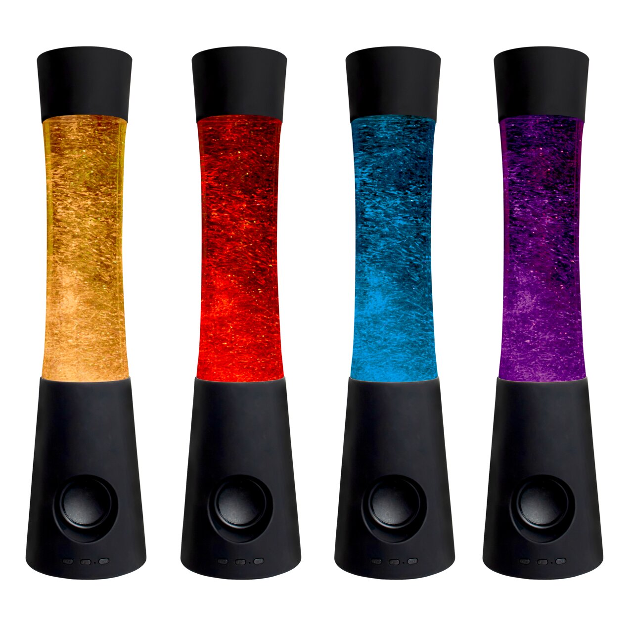 Vier LED-Dekoleuchten in verschiedenen Farben (Gelb, Rot, Blau, Lila) aus der Frontalperspektive.