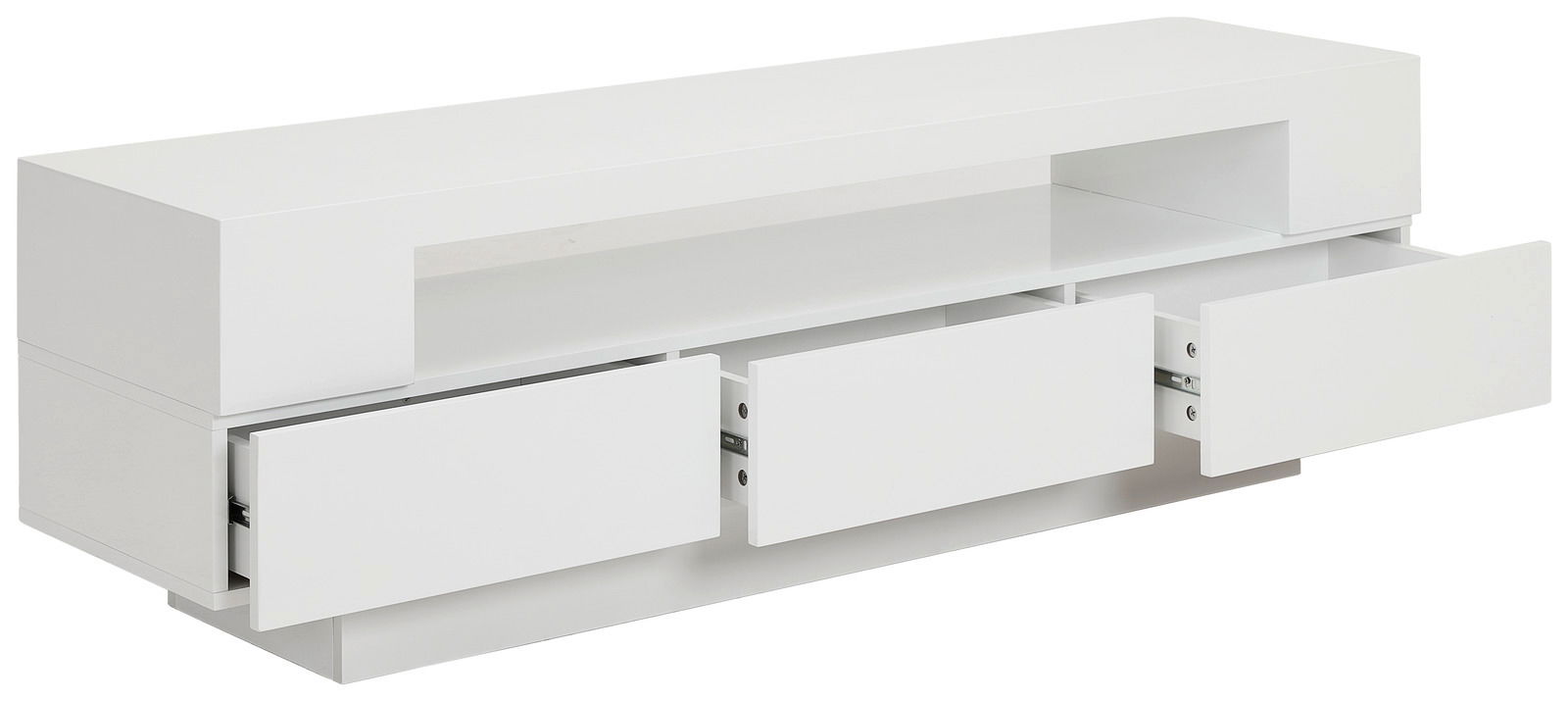 Weißes Lowboard mit drei offenen Schubladen, seitliche Perspektive