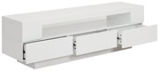 Weißes Lowboard mit drei offenen Schubladen, seitliche Perspektive