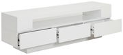 Weißes Lowboard mit drei offenen Schubladen, seitliche Perspektive