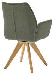 Rückansicht eines Armlehnstuhls mit grünem Stoffbezug und Holzbeinen, schräg von hinten fotografiert.