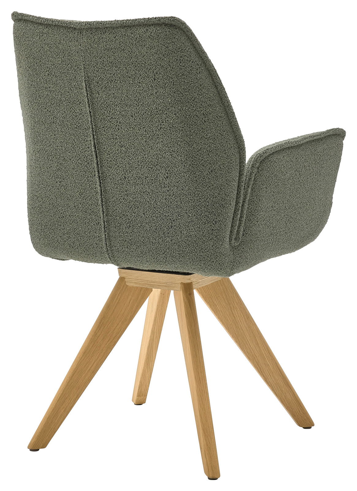 Rückansicht eines Armlehnstuhls mit grünem Stoffbezug und Holzbeinen, schräg von hinten fotografiert.