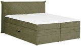 Boxspringbett in Olivgrün mit gestepptem Kopfteil, seitliche Perspektive