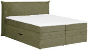 Boxspringbett in Olivgrün mit gestepptem Kopfteil, seitliche Perspektive