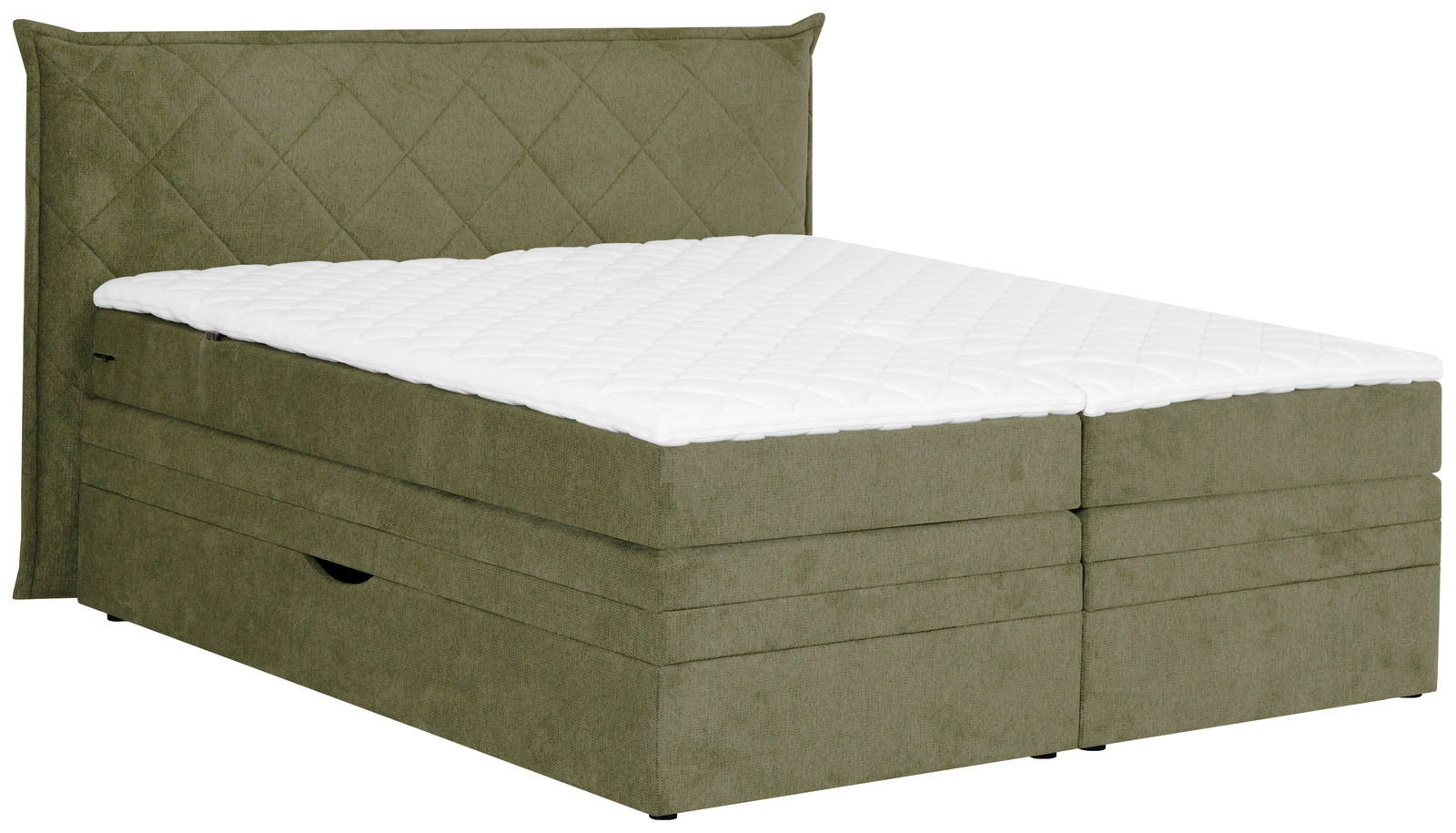 Boxspringbett in Olivgrün mit gestepptem Kopfteil, seitliche Perspektive