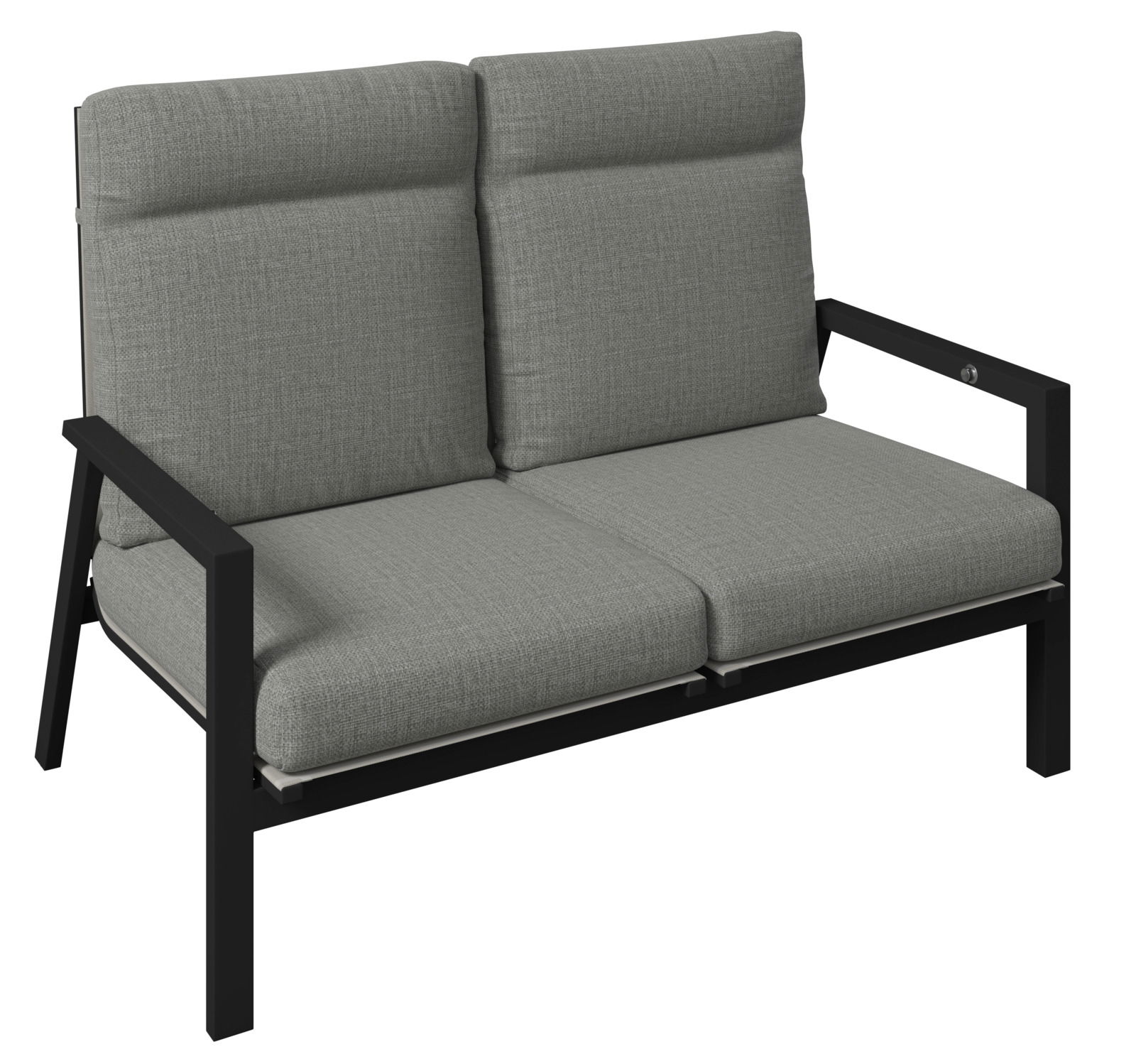 Amatio Gartenbank 2-Sitzer LUZERN PLUS Gartenbank 2er mit grauen Polstern und schwarzem Metallrahmen, seitliche Perspektive
