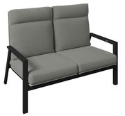Gartenbank 2er mit grauen Polstern und schwarzem Metallrahmen, seitliche Perspektive