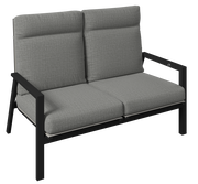 Gartenbank 2er mit grauen Polstern und schwarzem Metallrahmen, seitliche Perspektive