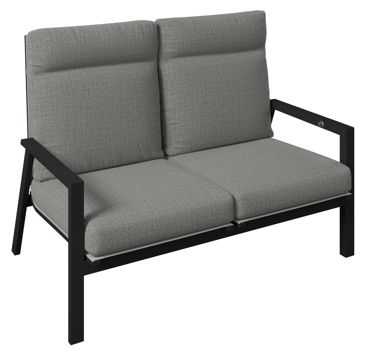 Gartenbank 2er mit grauen Polstern und schwarzem Metallrahmen, seitliche Perspektive