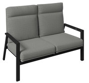 Gartenbank 2er mit grauen Polstern und schwarzem Metallrahmen, seitliche Perspektive