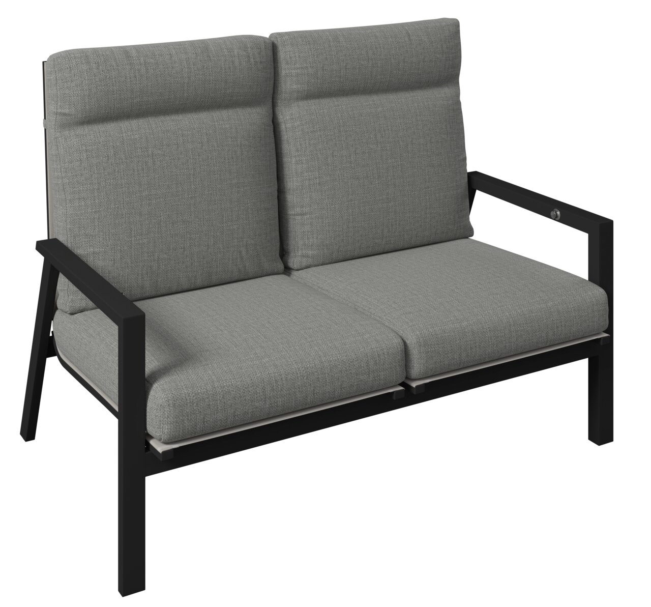 Amatio Gartenbank 2-Sitzer LUZERN PLUS Gartenbank 2er mit grauen Polstern und schwarzem Metallrahmen, seitliche Perspektive