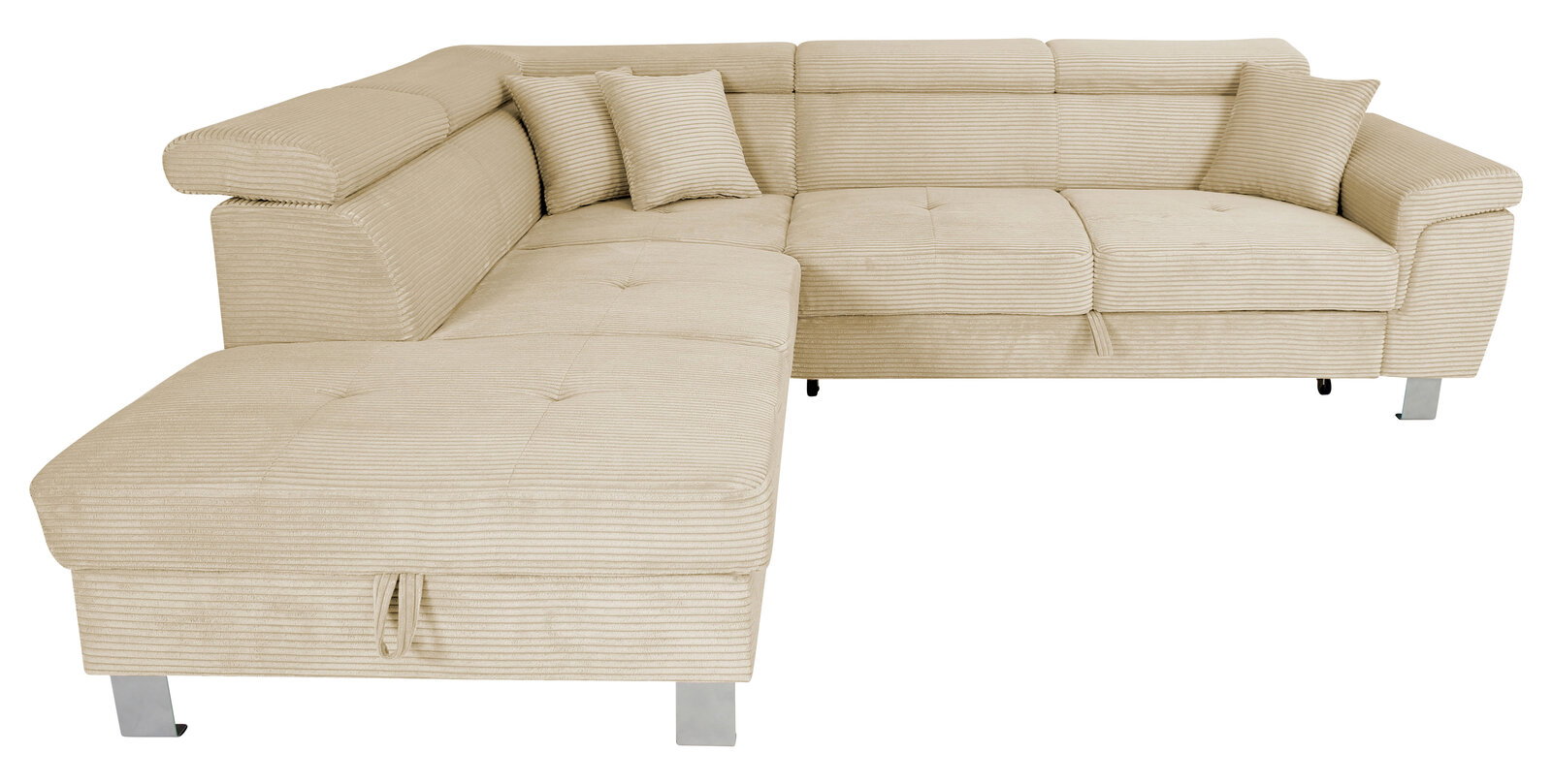 Beige Ecksofa mit zwei Kissen, Vorderansicht
