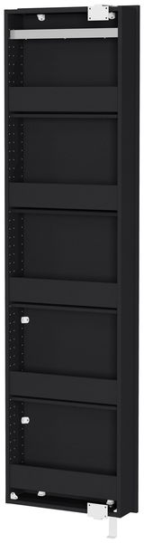 Schwarzer Drehschuhschrank, seitliche Perspektive, mit mehreren Regalfächern.