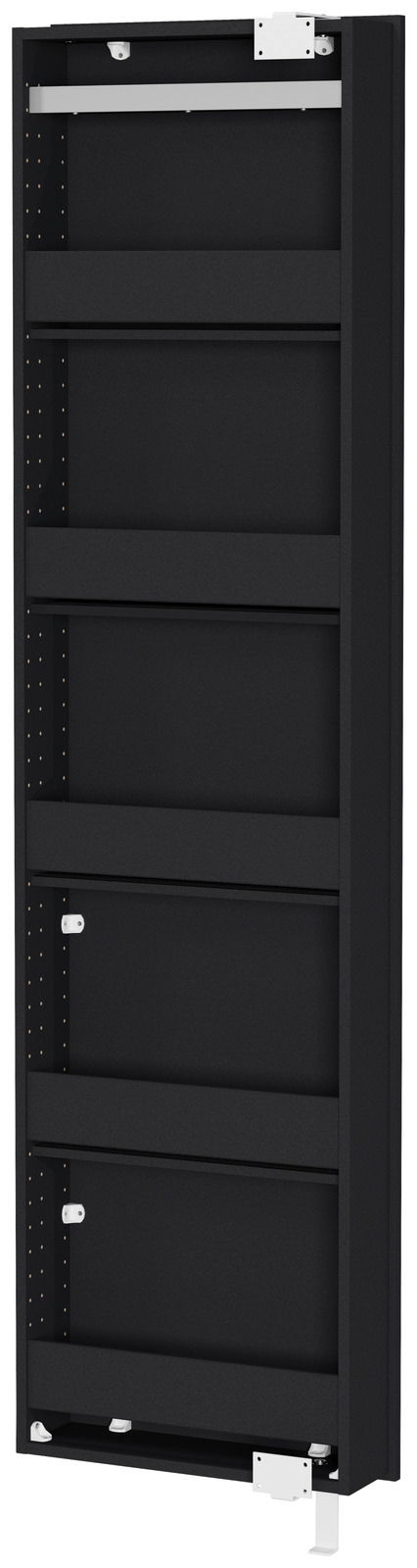 Schwarzer Drehschuhschrank, seitliche Perspektive, mit mehreren Regalfächern.