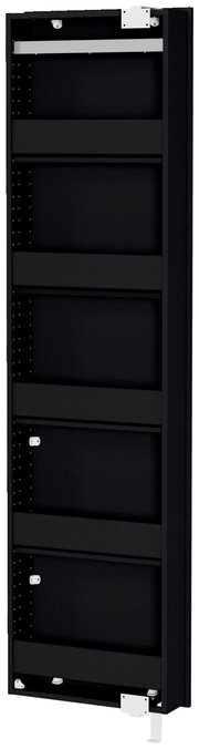 Schwarzer Drehschuhschrank, seitliche Perspektive, mit mehreren Regalfächern.