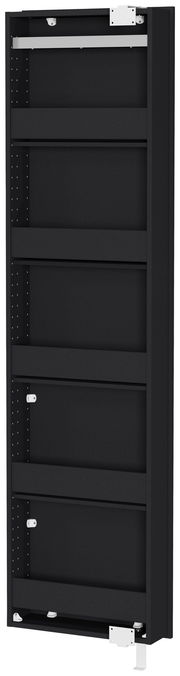 Schwarzer Drehschuhschrank, seitliche Perspektive, mit mehreren Regalfächern.