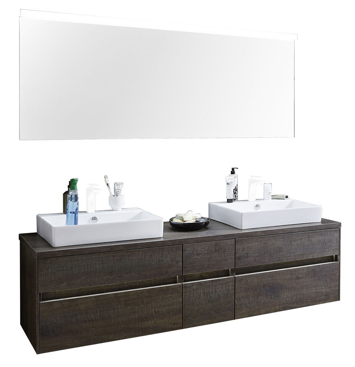 Moderne Badkombination mit zwei Waschbecken und großem Spiegel, Frontansicht