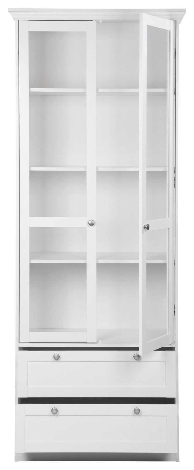 Weiße Vitrine mit Glastüren und zwei Schubladen, frontale Ansicht